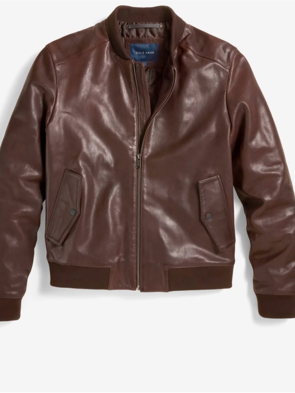 Cole Haan Dark Brown Leather Bomber Jacket size large flaw see photos